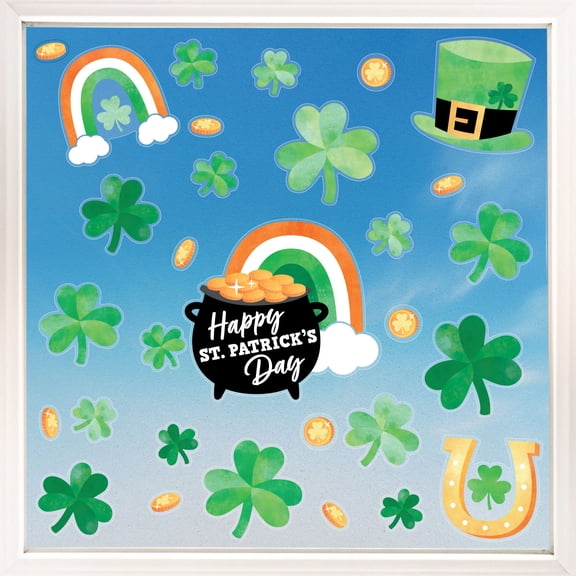 Big Dot of Happiness St. Patrick’s Day Window Clings, Reusable Holiday Window Sticker Decorations, Pot of Gold & Shamrock Decals, St. Paddy's Static Clings for Kid-Friendly Party Decor