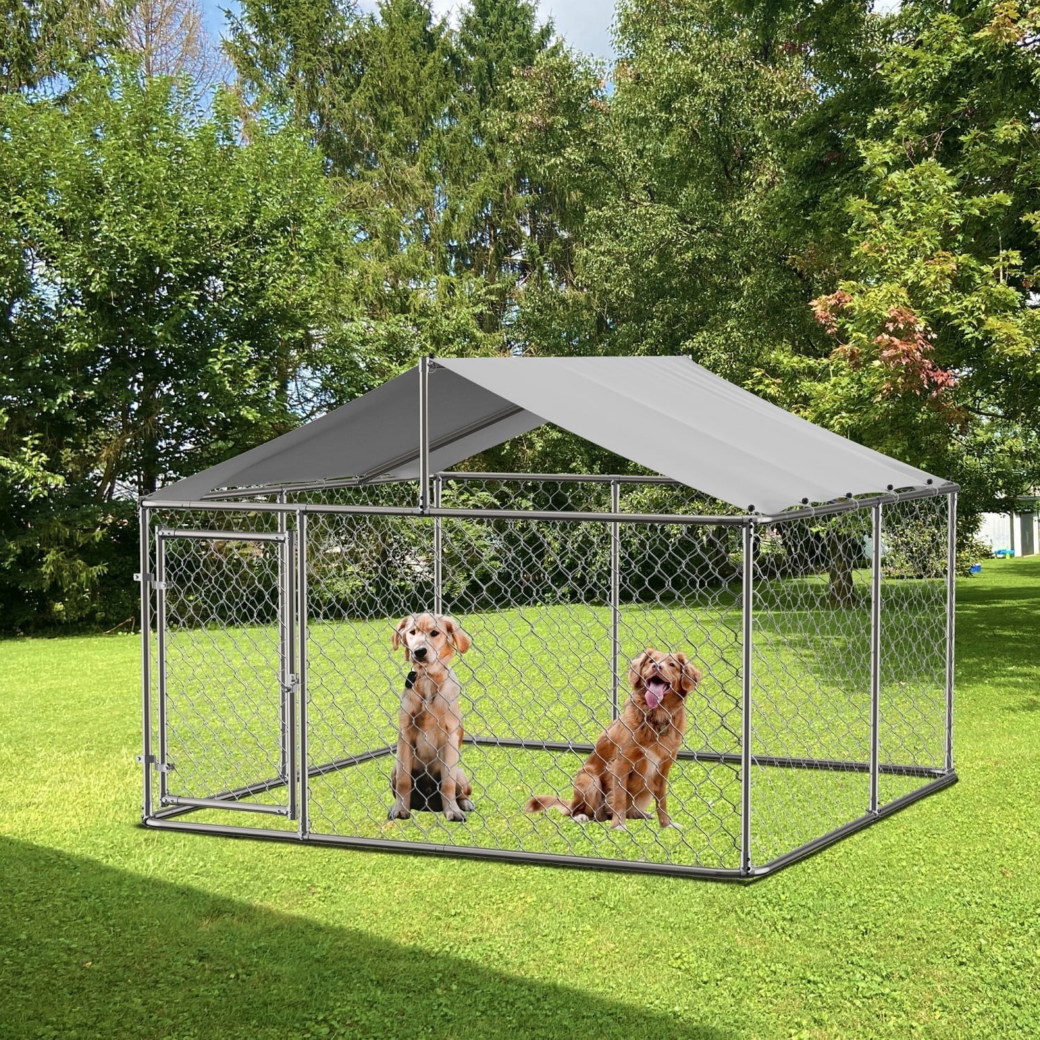 Large Outdoor Dog Kennel, Heavy Duty Galvanized Steel Dog Enclosure with Waterproof UV-Resistant Cover, Lockable Door Chain Link Playpen for Large Pets (118" L x 118" W x 71" H)
