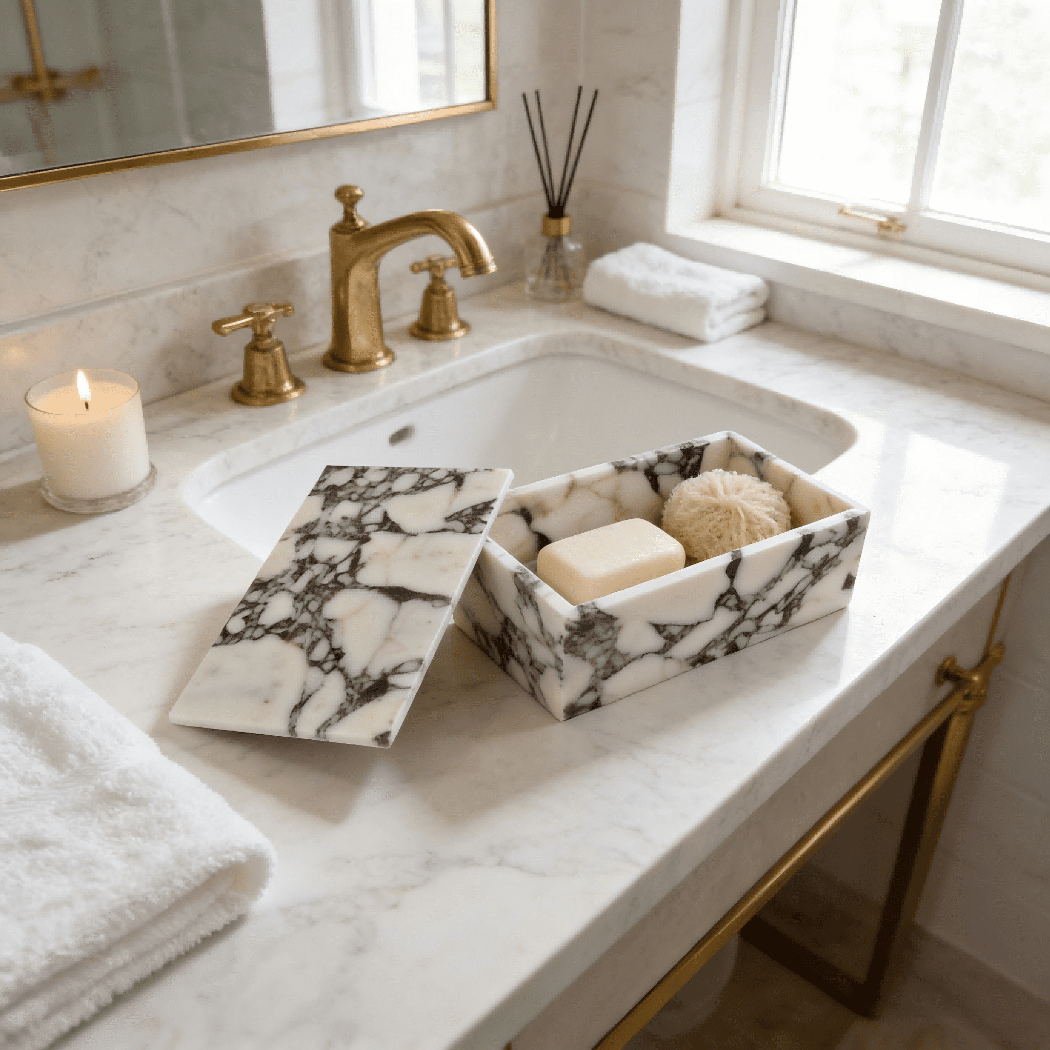 Calacatta Viola Marble Storage Box with Secure Lid - Dustproof Rectangular Container for Cotton Balls, Makeup, Personal Items | Home & Office Organizer
