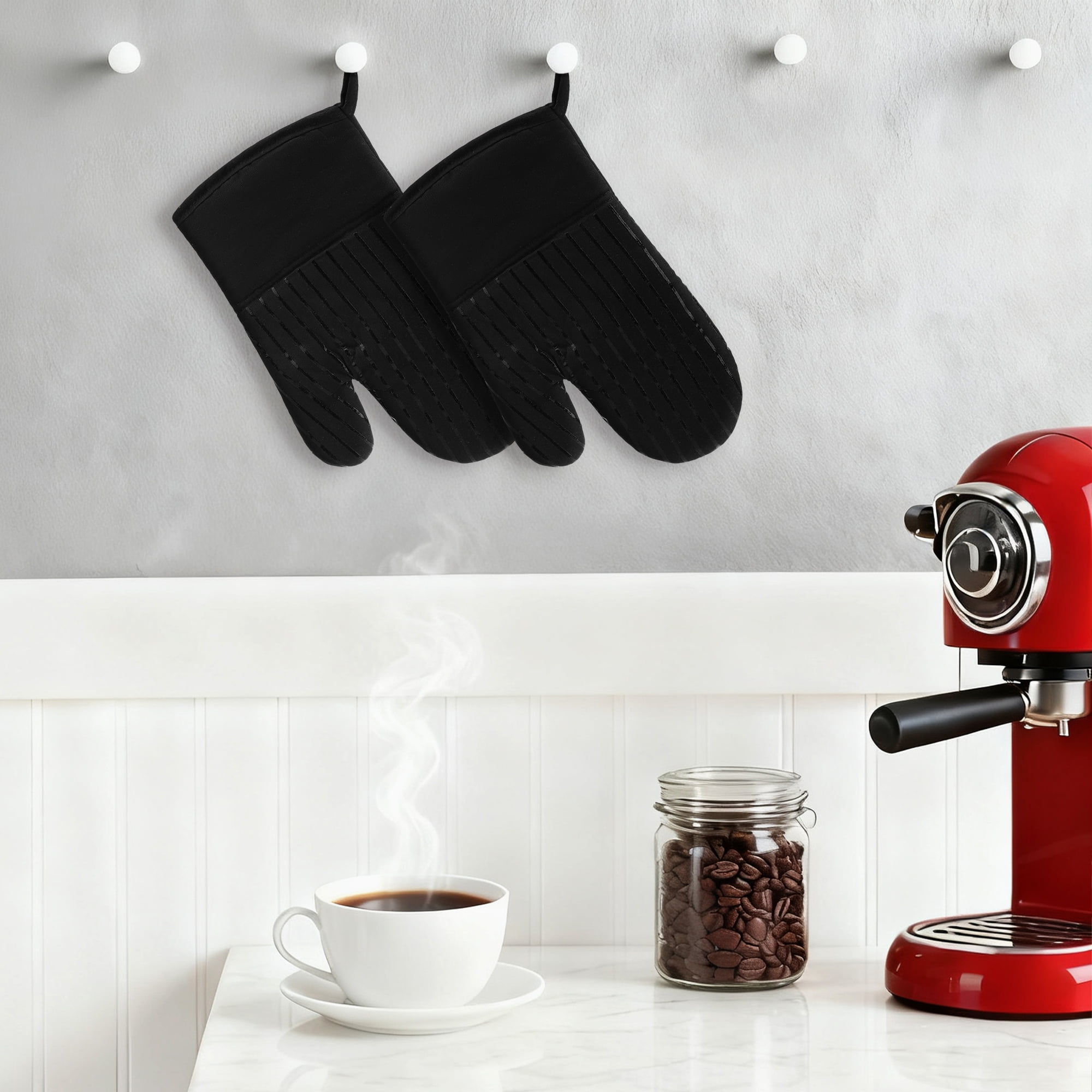 Unique Bargains 2pcs Silicone and Cotton Heat-Resistant  Oven Mitts Black 12.6" x 7.1"