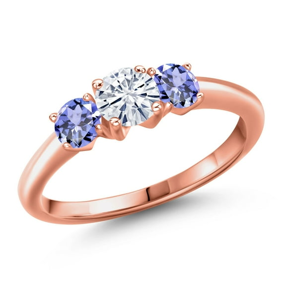 Gem Stone King 18K Rose Gold Plated Silver White Moissanite and Blue Tanzanite Engagement Ring for Women | 1.10 Cttw | Round 5MM | Gemstone Birthstone | Size 8