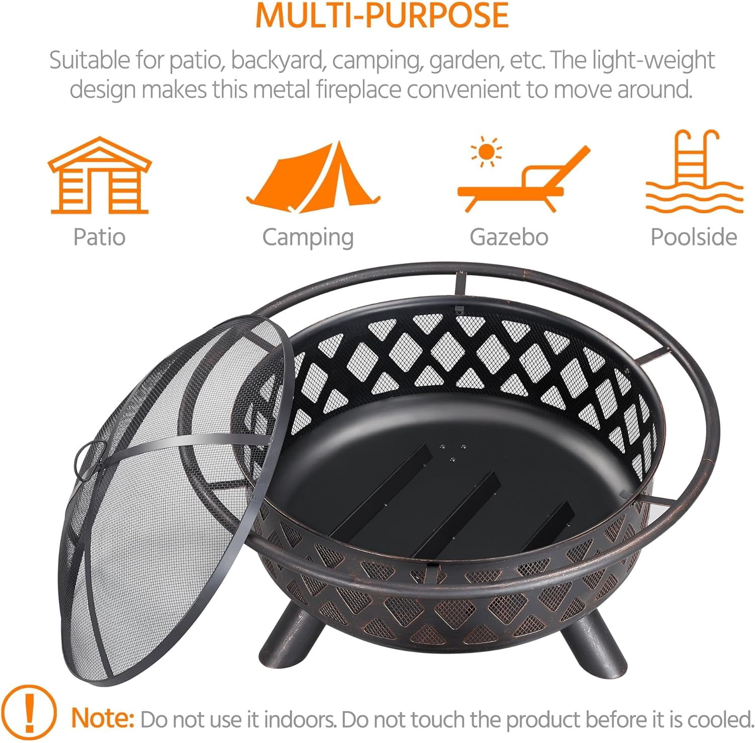 Fire Pit 36in Outdoor Wood Burning Fire Pits Wood Large Fire Bowl for Outside BBQ Bonfire Patio with Mesh Spark Screen, Poker and Rain Cover