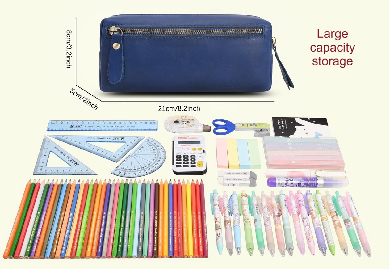 WONDERPOOL Pen Case Real Leather Pencil Pouch Markers Holder Big Capacity Bag with Side Zippered Pocket Sleeve for Stationery Makeup Utensils Organizer (Blue)