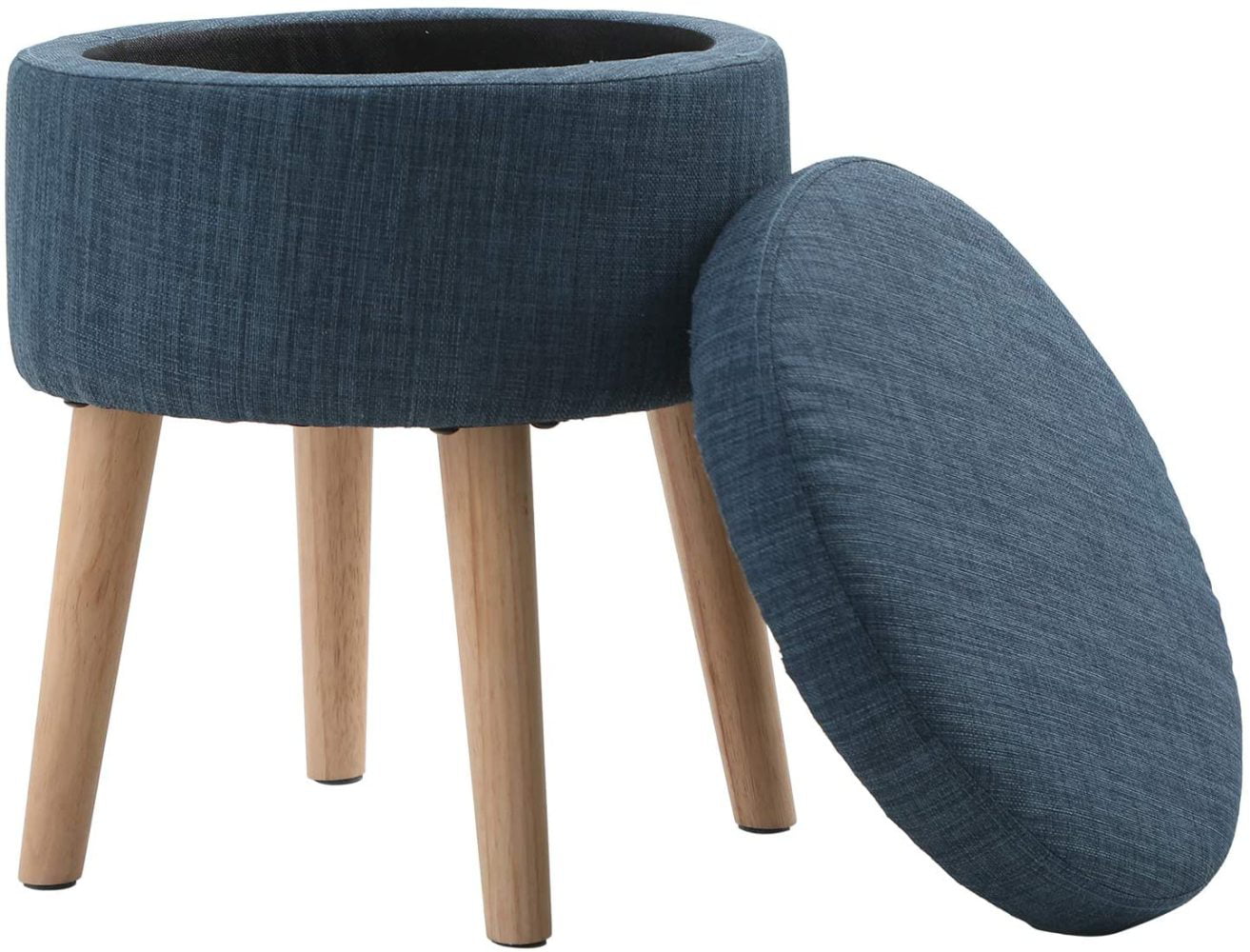 Sophia & William Round Storage Ottoman Footrest Stool with Removable Lid Side Table Seat Padded Linen with Wood Legs Upholstered Decorative Furniture Rest for Living Room Bedroom-Midnight Navy
