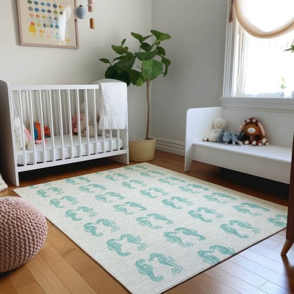 Addison Rugs Mayfield Washable Coastal Seahorses Aqua Rectangle Rug, 9' x 12'