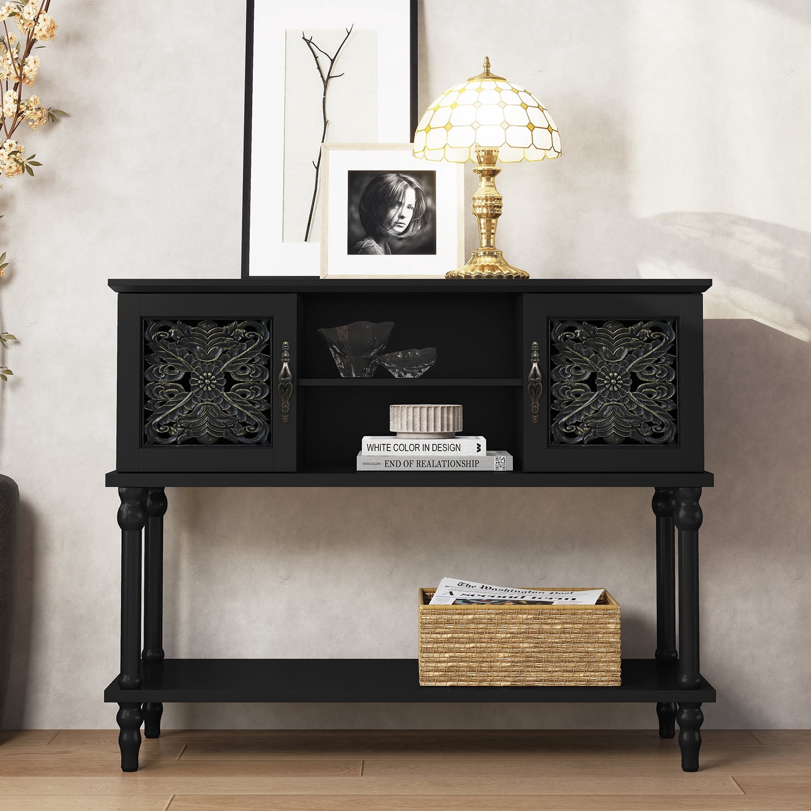 HLR Modern 42" Console Table with Storage, Entryway Table Wood Behind Couch with Shelves for Living Room, Black
