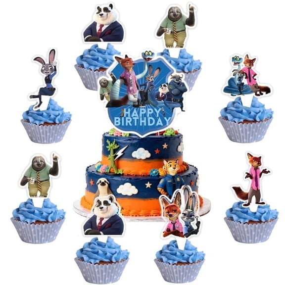 Cartoon Animals Birthday Cake Decoration Set, featuring 1 blue “Happy Birthday” cake topper and 24 cupcake decorations, is the perfect choice for birthday-themed party decorations.