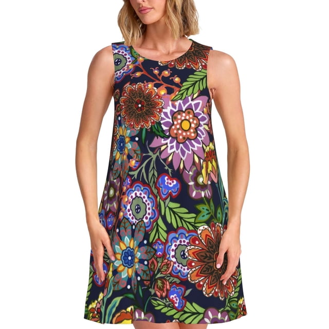 Fotbe Vintage Floral Vestido de Verano sin Mangas para Mujer – Vestido Midi Línea A, Estilo Camiseta Floral, Vestido Playero Casual y Fluido