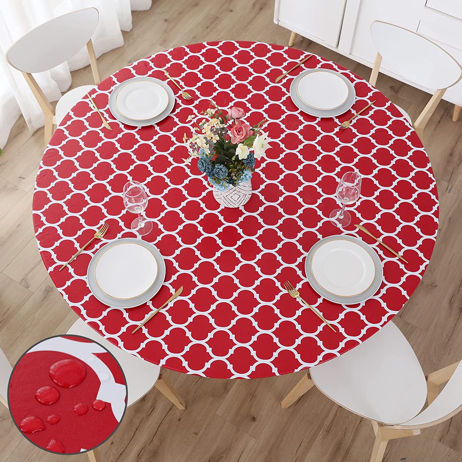 Round Fitted Vinyl Table Cloth Cover Elastic Edged Flannel Backed