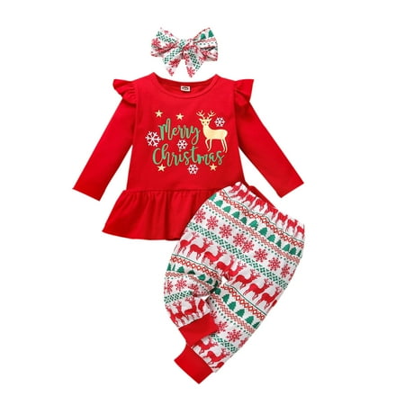 

Edvintorg Merry Christmas Baby Girls Christmas Clothes Sets Long-Sleeved Flying Sleeve Romper + Printed Trousers + Headband Suit 3Pcs Navidad 3M-3Y On Clearance