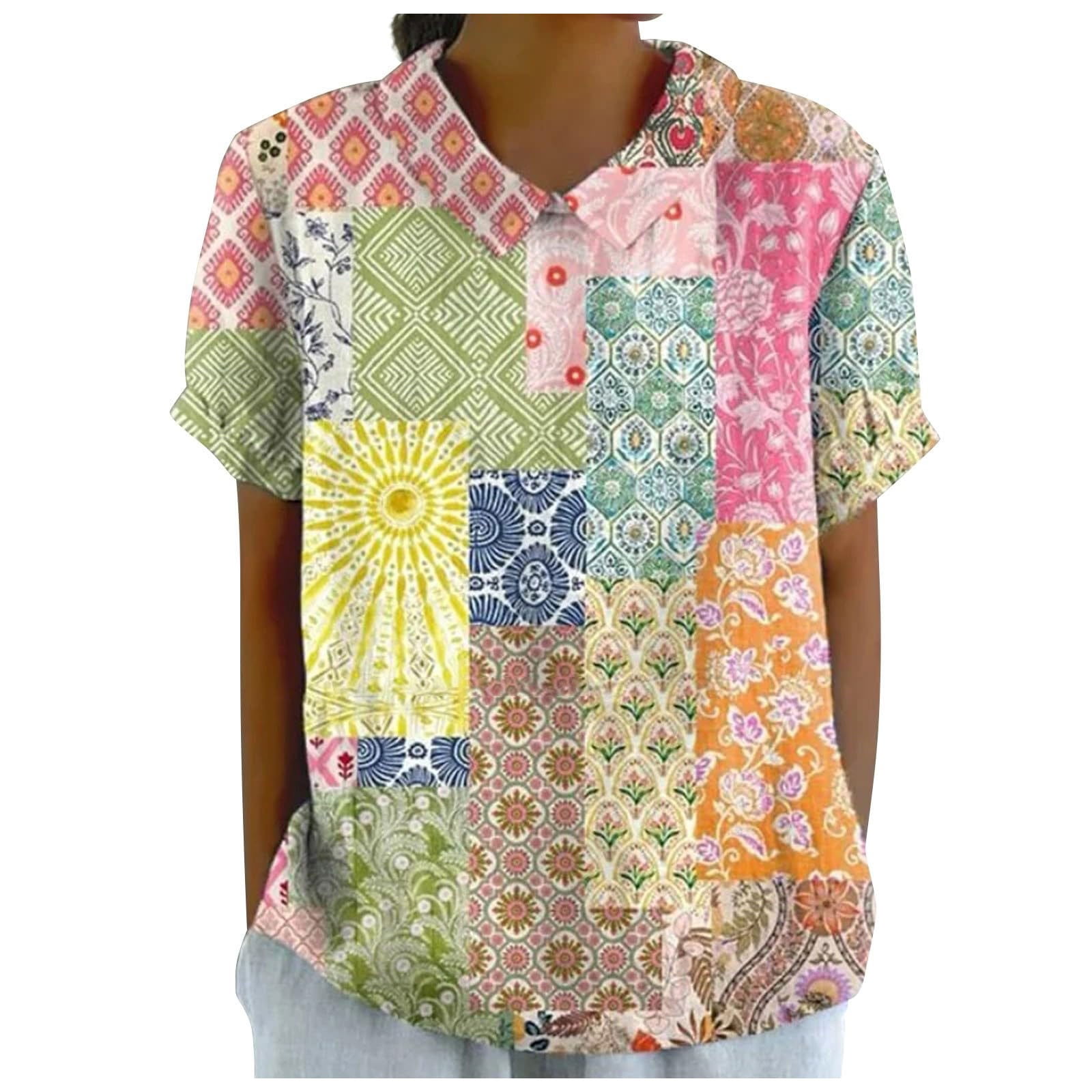 Chemise en Lin Élégante à Col Rond pour Femmes, Imprimée, Ample, Vintage, Décontractée, T-Shirt de Compression, Manches Longues, Col en V, pour l'Été