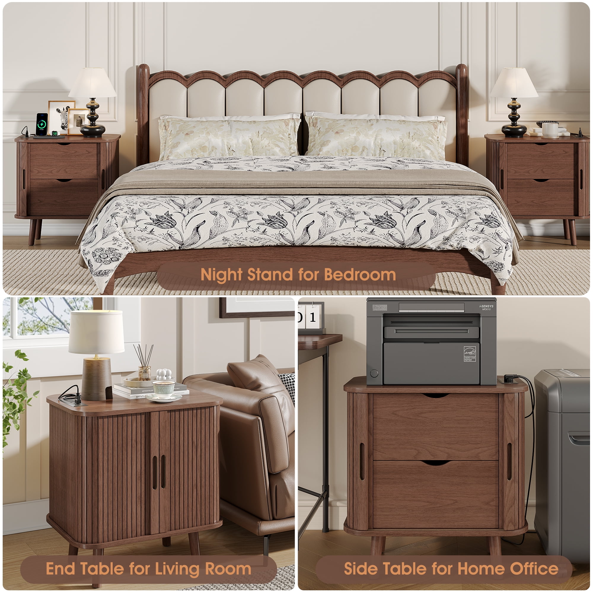 Fluted Nightstand with Charging Station, Mid Century Modern Bedside Table with Drawers and Shelves, Sliding Doors Nightstands, Wood Night Stand for Bedroom, End Table with Charging Station, Walnut