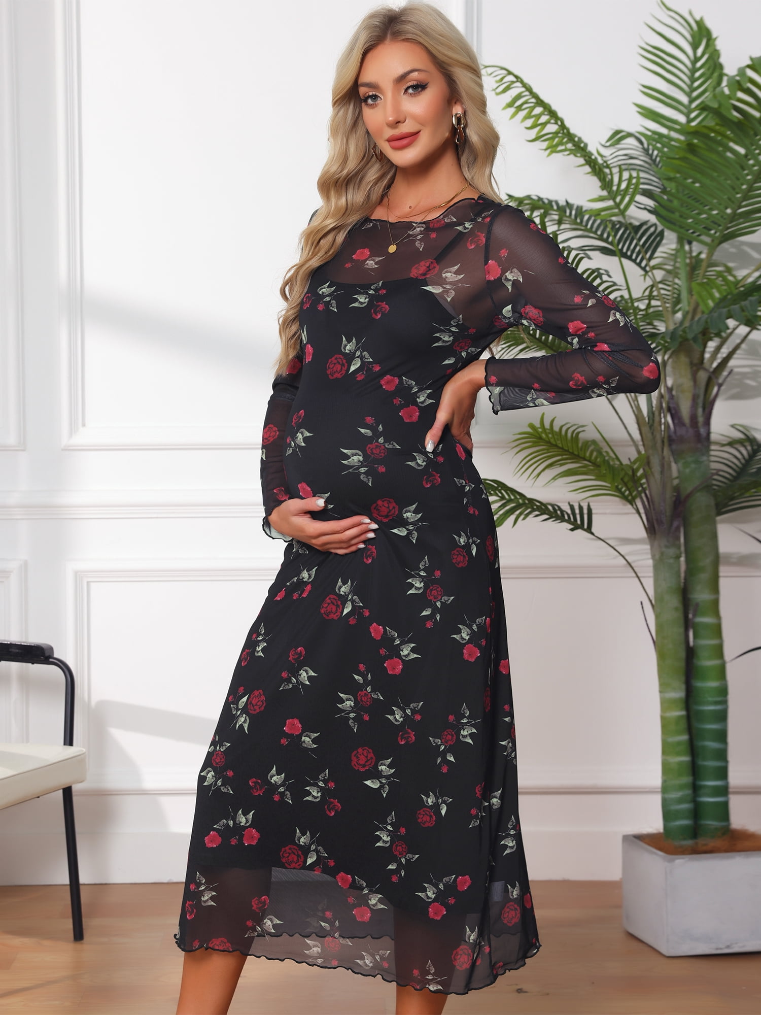 DARING DIVA Women's Soft Maternity Mesh Dress 2-Piece Bodycon Fall Wedding Party S Black