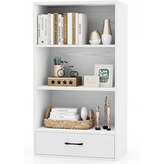 YSNW 4-Tier Bookcase with Drawer, 42.5” Freestanding Bookshelf with 3 Open Display Shelves & 2 Anti-Tipping Kits, Modern 3-Cube Storage Organizer for Bedroom, Living Room, Home Office (White)