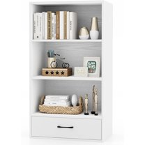 YSNW 4-Tier Bookcase with Drawer, 42.5” Freestanding Bookshelf with 3 Open Display Shelves & 2 Anti-Tipping Kits, Modern 3-Cube Storage Organizer for Bedroom, Living Room, Home Office (White)