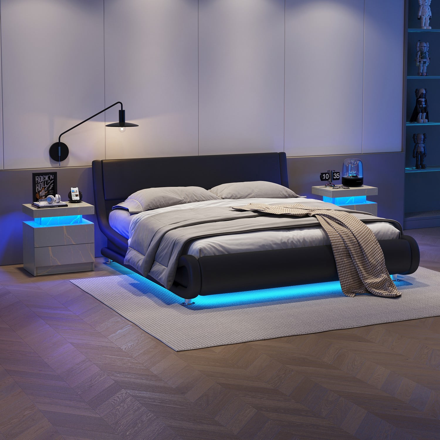 Nightstand with LED Lights, Modern Bedside Table with 2 Drawers and Open Storage, Adjustable RGB Light End Table for Bedroom Living Room Office, Grey+Gold