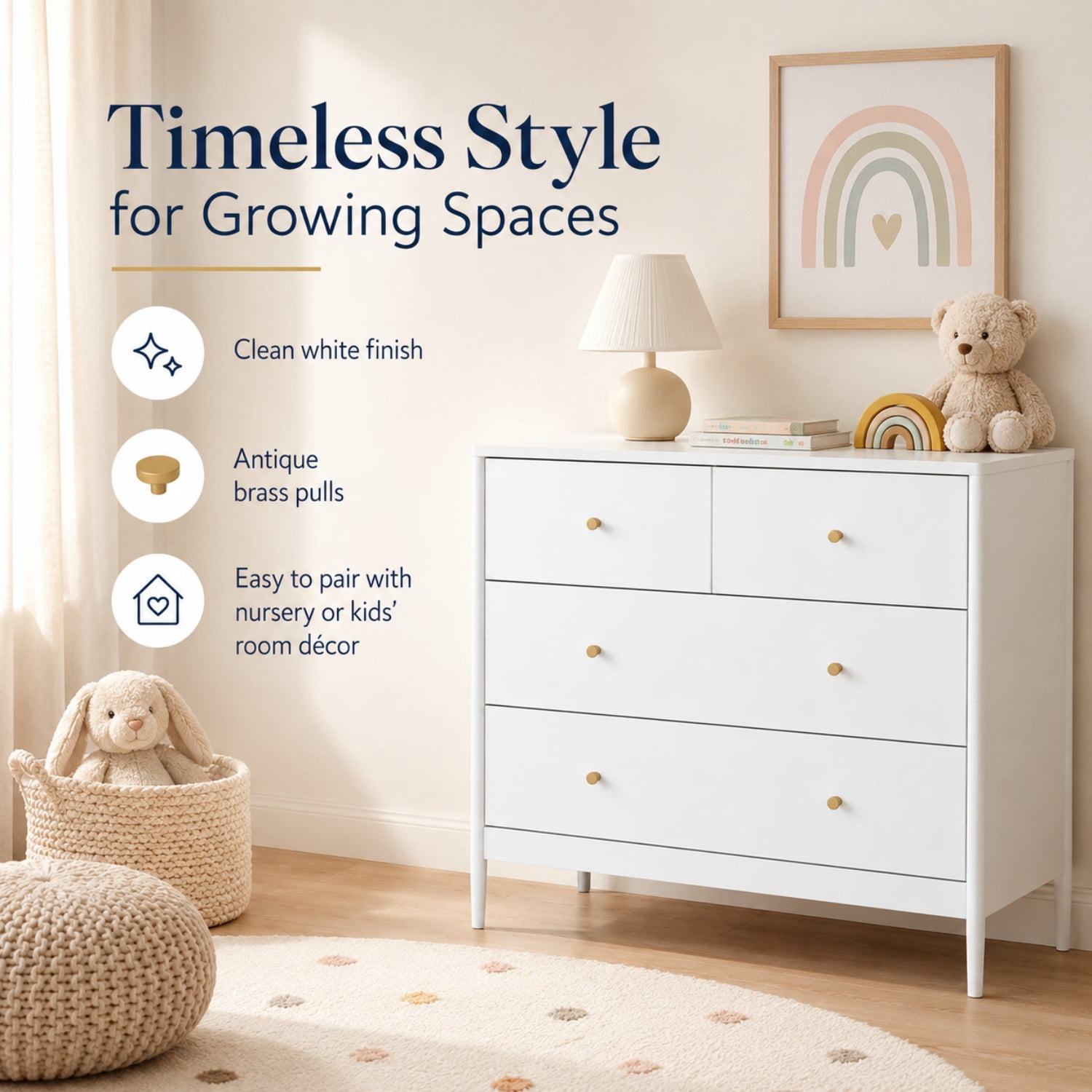 Miniyam 4 Drawer Dresser, White Chest of Drawers for Bedroom, Nursery and Kids Room