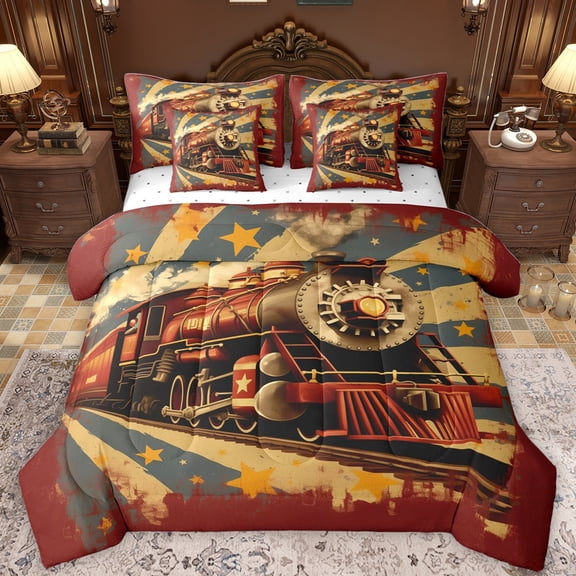 Castle Fairy Teens Vintage Railway Train Twin Bedding Sets 7-Piece,Abstract Retro Bedding Comforter Set Microfiber,Transportation Railway Railroad Breathable Sheet Sets,Lightweight Room Decor