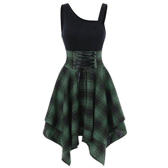 Robes à Carreaux pour Femmes vintage à Épaules Dénudées Robe Taille Haute bandage Jupe Taille Haute Ourlet Irrégulier Robe