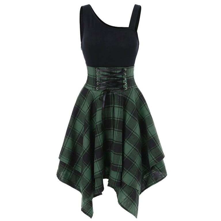 plaid dresses for women vintage off the shoulder high waisted dress bandage high  waisted skirt irregular hem dress - Walmart.com