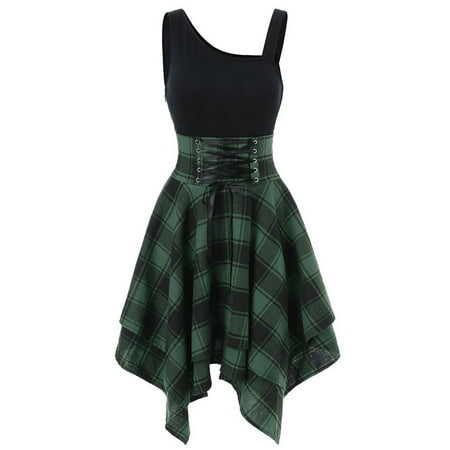 

Women Sleeveless Cold Shoulder Dresss Cosply Gothic Costume Lace Up Plaid Print Irregular Dress