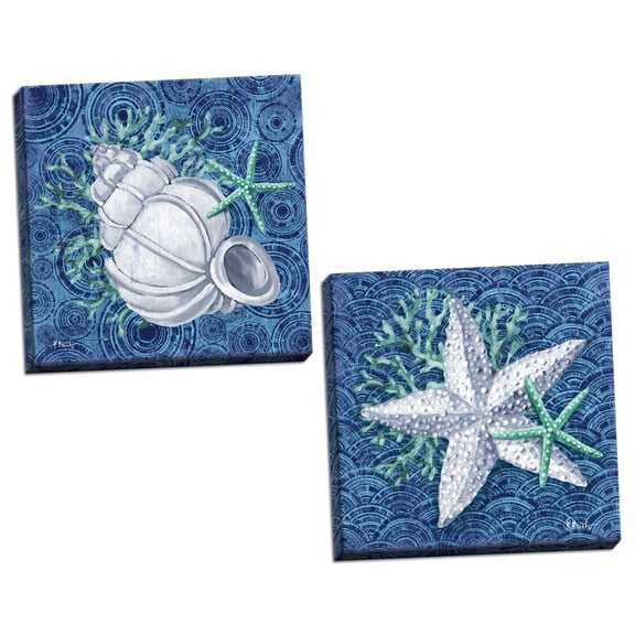 Gango Home Decor Blue and Teal Coastal Starfish and Shell Set; 2-12x12" Stretched Canvases
