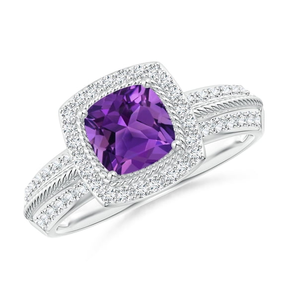 ANGARA Natural Twisted Rope Cushion Amethyst Halo Ring in 14K White Gold for Women (Size-6mm) | February Birthstone, Birthday, Anniversary, Jewelry Gift for Women | Natural Amethyst Ring