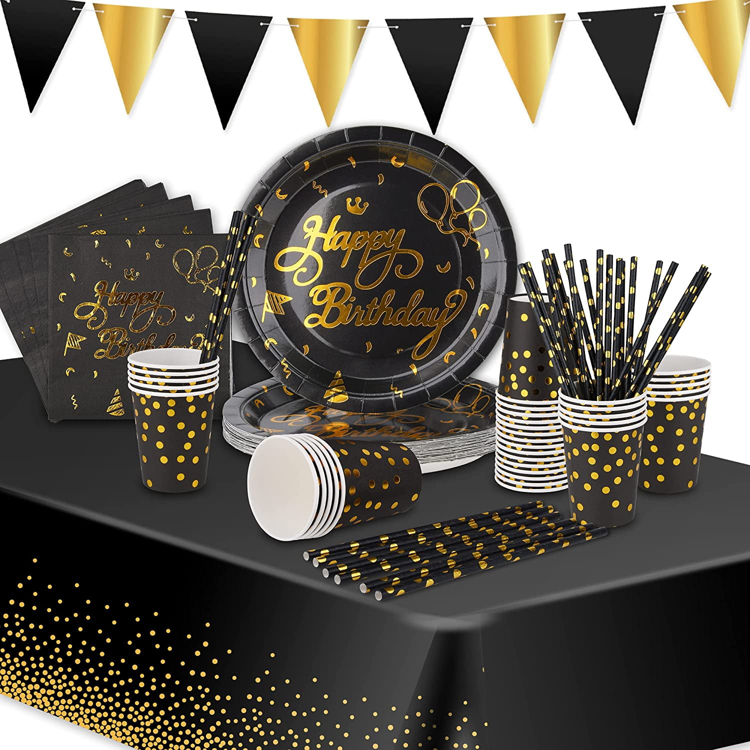 Party Dinnerware with Banner Disposable Paper Plates Napkins Cups Magnolia Blue Party Tableware Set 136 Pack Straws with Gold Dot 5 Gold Confetti and 5 Blue Balloons for Birthday 25 Guests