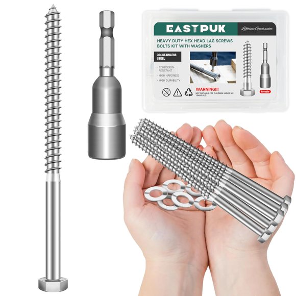 shiyou-(8Sets) 3/8 Bolt, 3/8" x 6" Hex Head Lag Bolts, Heavy Duty Lag Screws with Washers, 304 Stainless Steel 18-8, 3/8 Bolt for Wood, Partial Thread