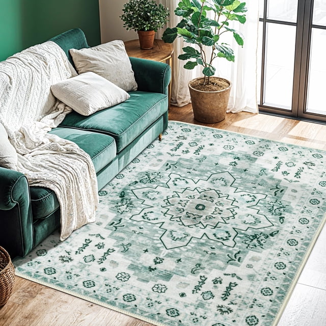 Sonoro Kate Alfombras de Área 3x5 para Sala de Estar Recámara, Alfombra de Piso Interior Boho Antideslizante Lavable a Máquina, Verde