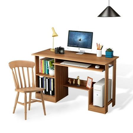 - DL furniture - Computer Desk Table with Book Storage Shelf & Slide Keyboard Drawer - Laptop Desk Personal Working Space for Office Living Room Bedroom - Dark Wood Tone