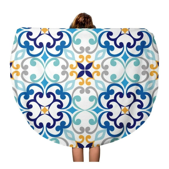 NUDECOR 60 inch Round Beach Towel Blanket Blue Mediterranean on Italian Tiles Majolica Pattern Abstract Antique Travel Circle Circular Towels Mat Tapestry Beach Throw