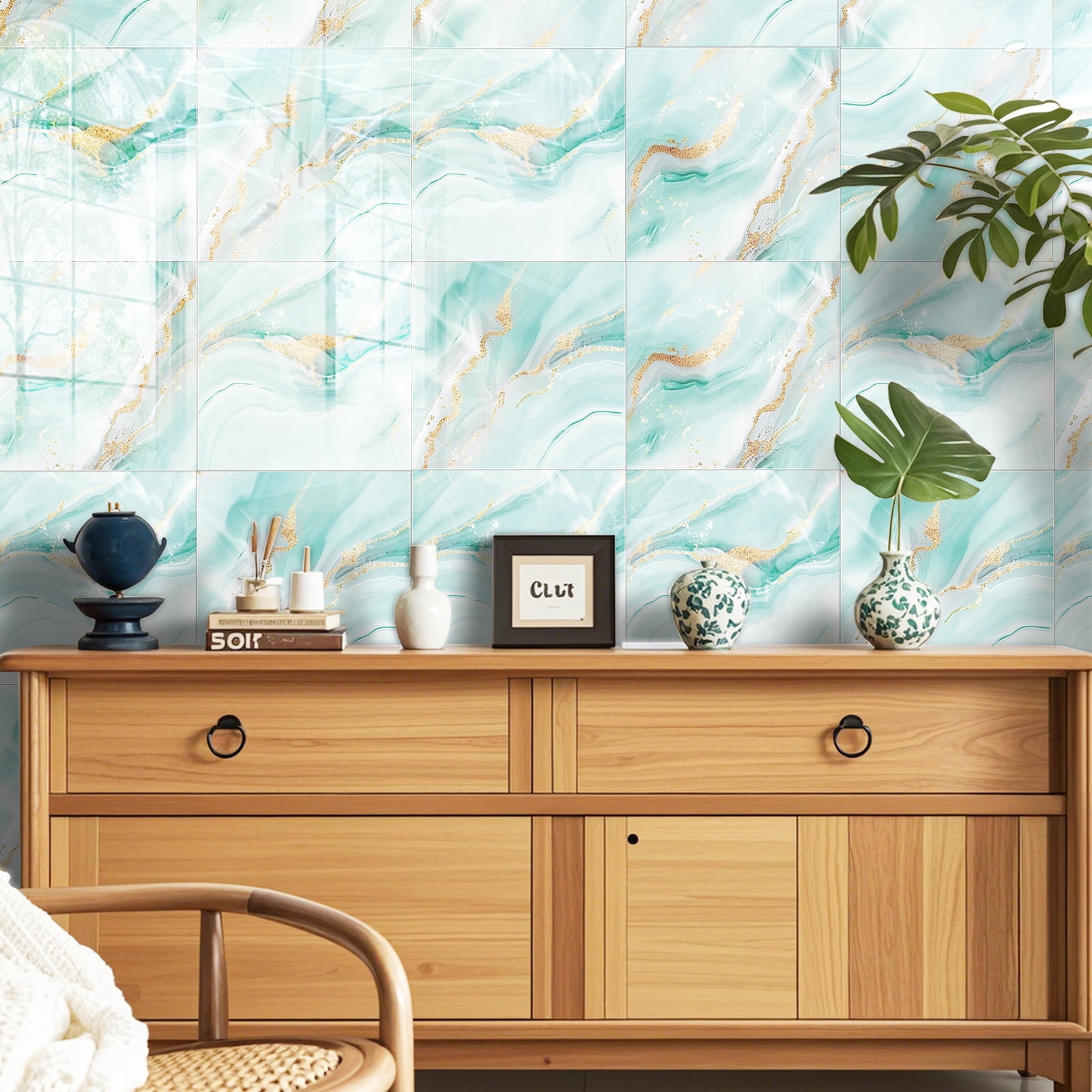 DEWOO 10pcs Peel and Stick Backsplash Wall Tile, Waterproof Peel and Stick Marble Wall Tiles, Self-Adhesive Panels for Bathroom, Kitchen, and Living Room (Blue Marble,12"×12")