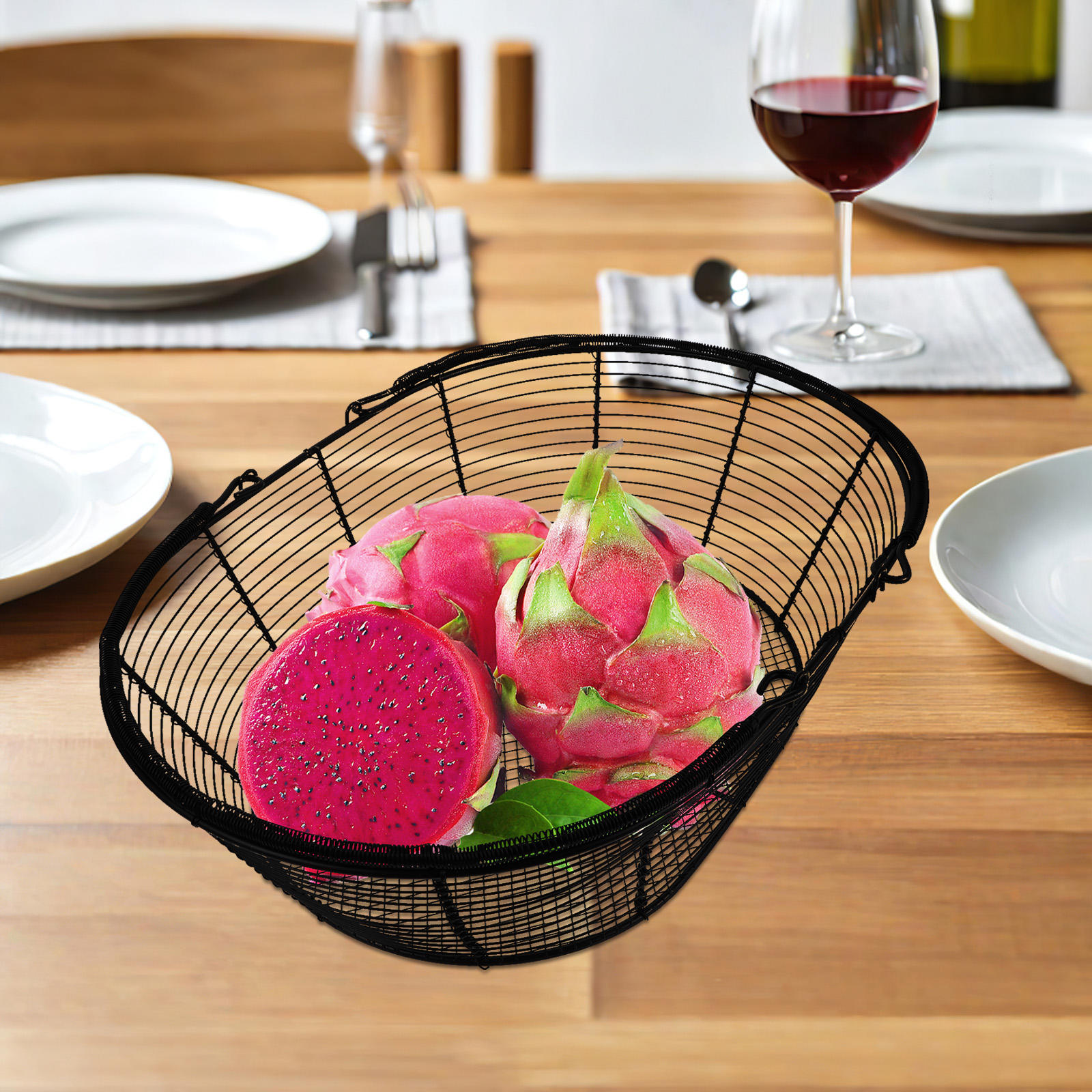 BESTYASH Black Metal Wire Basket with Handles for Kitchen Storage Mesh Design for Fruits and Snacks