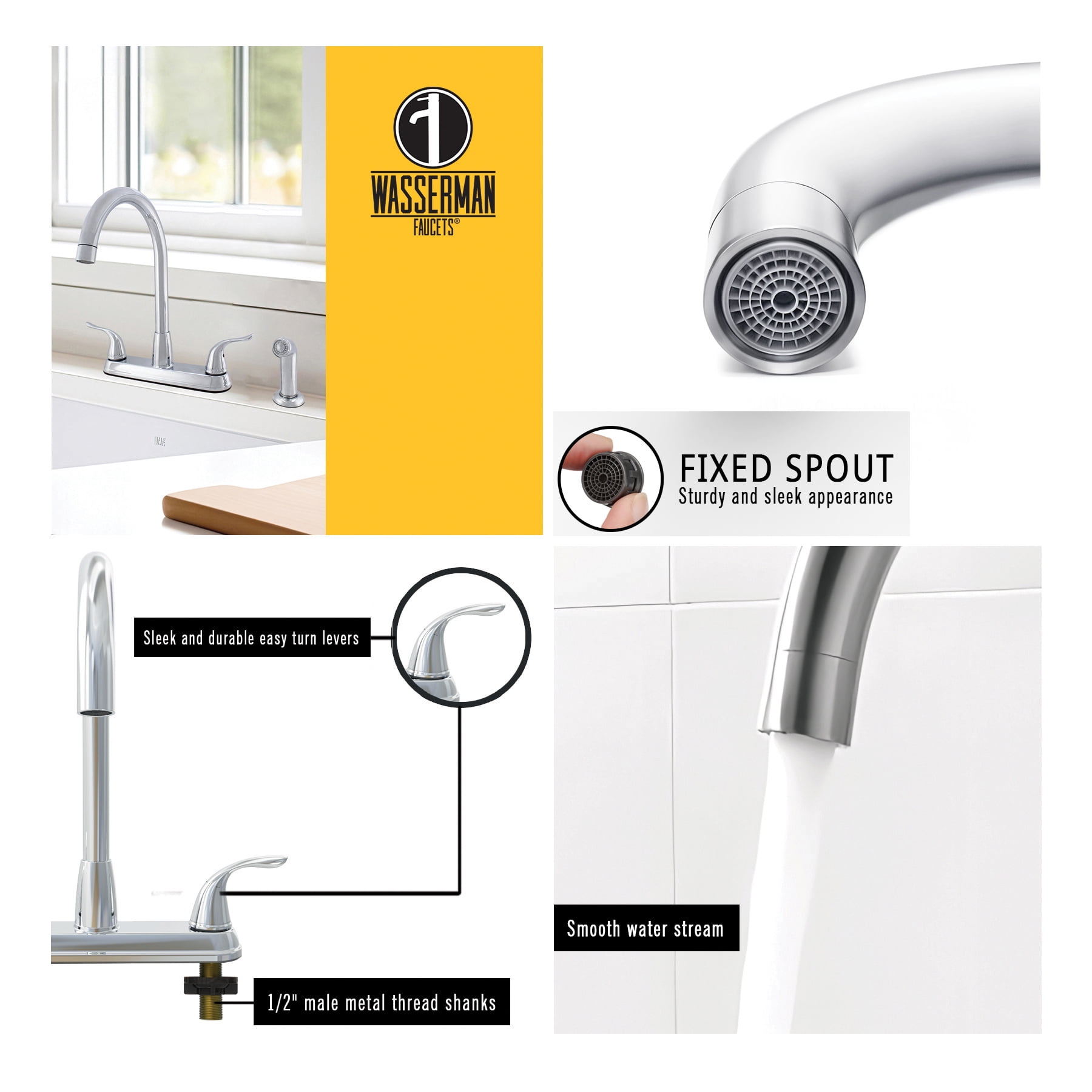 23157043 -Hybrid Metal Deck Kitchen Sink Faucet High Spout Washerless Cart.Double Handle with Side Spray