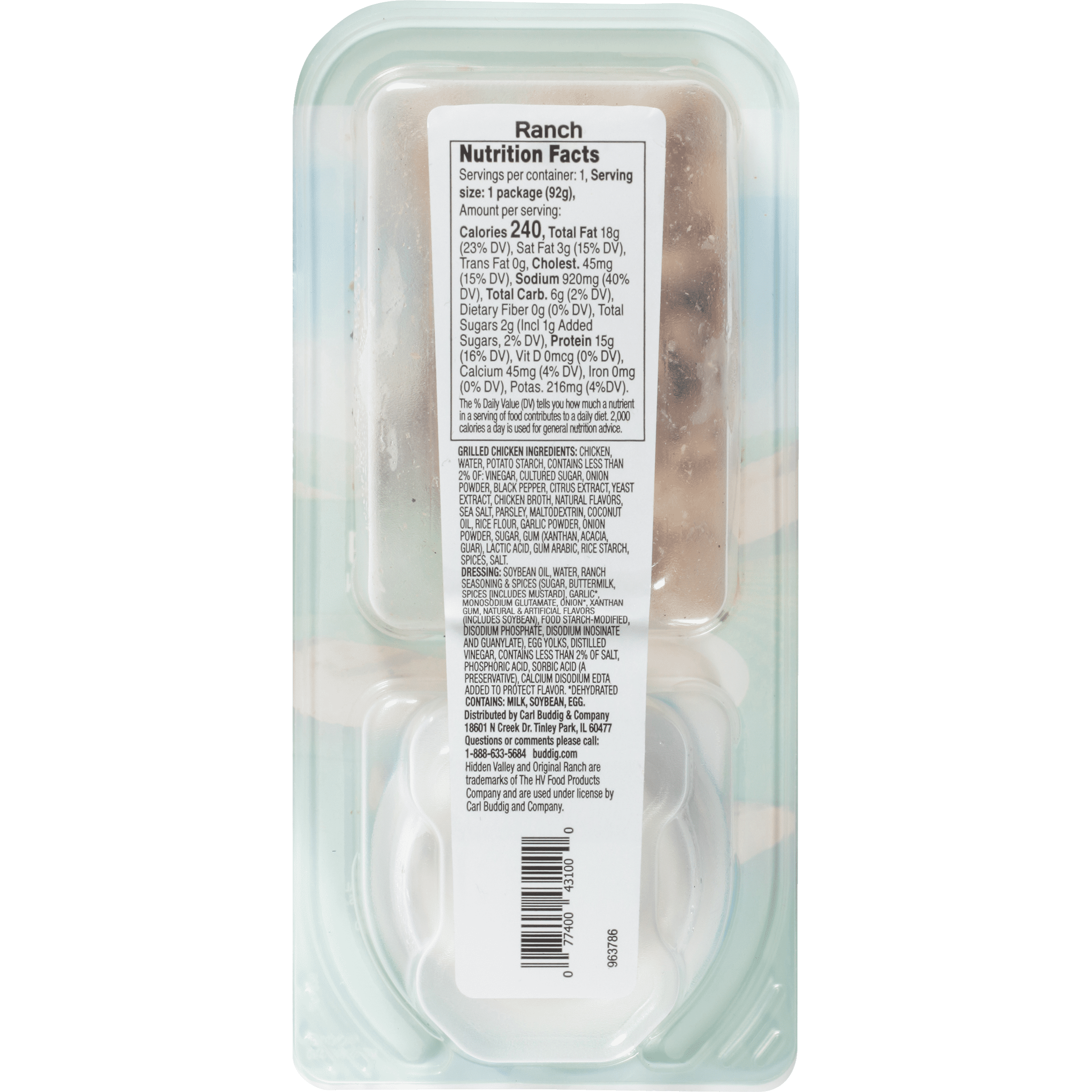 3.25 oz Hidden Valley Ranch Dipper, Fully Cooked and Chopped Chicken and a Cup of Ranch Dipping Sauce, Inside a Heat Sealed Molded Plastic Tray