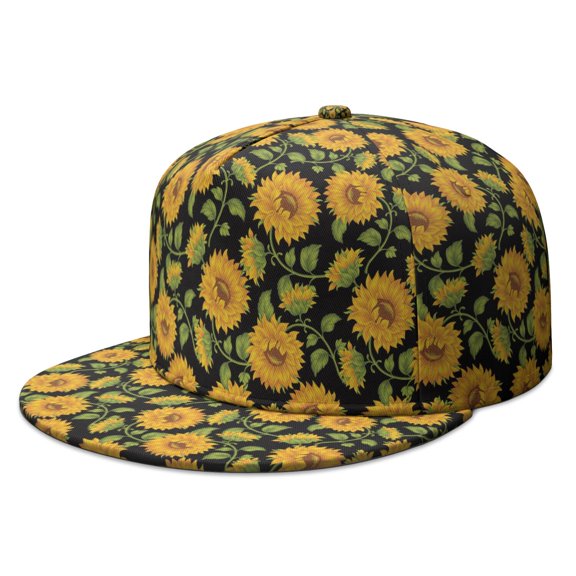 Floral Sunflower and Butterfly Design Flat Bill Hat - Urban Style Adjustable Snapback Cap - Vintage Print