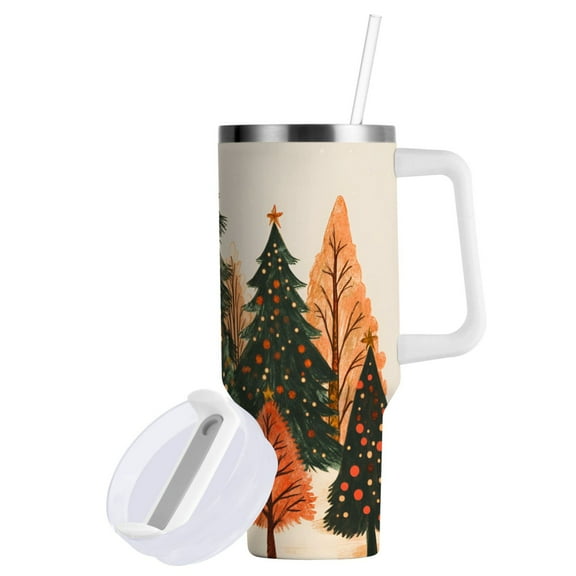 Yayeee 40oz Stainless Steel Tumbler with Straw and Handle Double-Wall Insulated Travel Water Bottle, Brown Christmas Trees