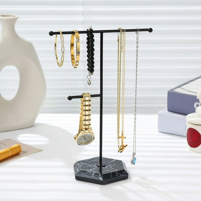 Exhibidor de Joyería de Metal de 2 Niveles para Pulseras, Collares, Aretes, Anillos y Relojes - Organizador de Hierro Negro