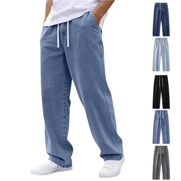 Domuza Men's Elastic Waist Drawstring Cargo Jeans Vintage Outdoor Multiple Pockets Comfortable Fashion Relaxed Fit Jeans Blue 4XL