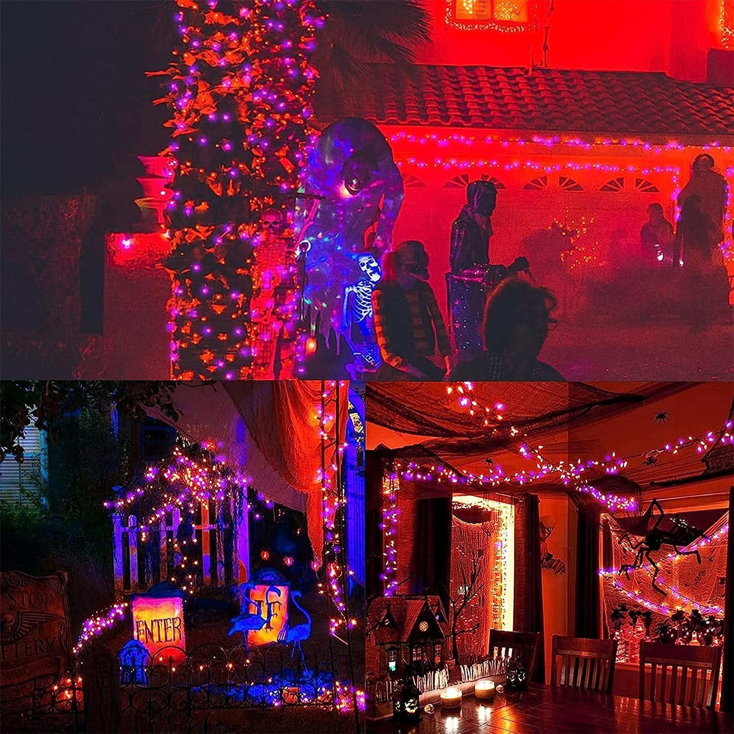 50 LED Outdoor Halloween Lights, 16 FT Mini String Light with 8 Modes, Waterproof Battery Operated Tree Lights for Indoor Outdoor Patio Garden Party Wedding Decoration, Orange & Purple