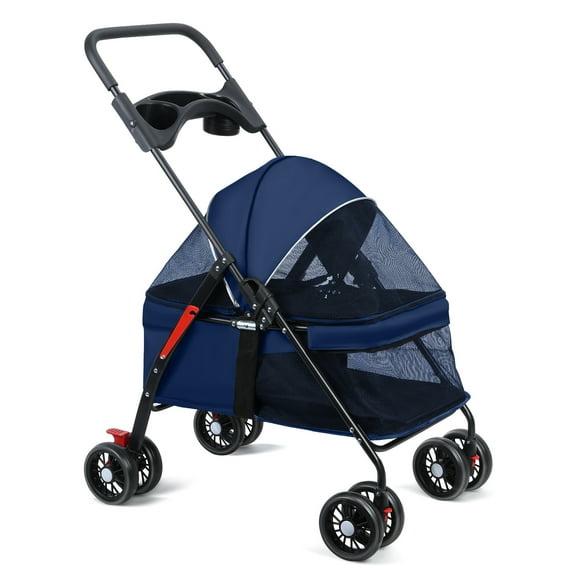 Qiuikloi 4 Wheels Dog Cat Stroller, Outdoor Travel Pet Folding Stroller, Dog Cat Cage Stroller with Cup Holder, Breathable and Visible Mesh for Small Dog