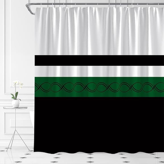 Modern Striped Shower Curtain Emerald Green Black White Striped Minimalist Farmhouse Fashion Polyester Fabric Bathroom Decor Set with Hooks 36"W x 72"L