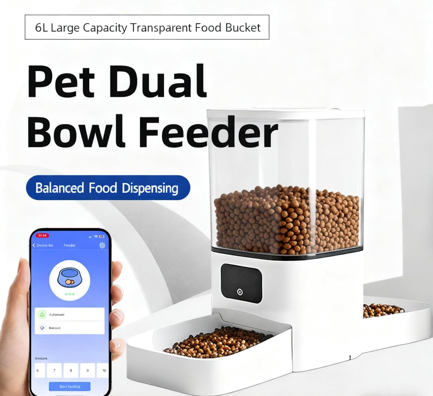 5G WiFi Automatic Feeder, Large Capacity 6L Timed Dry Food Dispenser for Cats and Dogs, APP Control & Anti-Clog Design for Multiple Pets