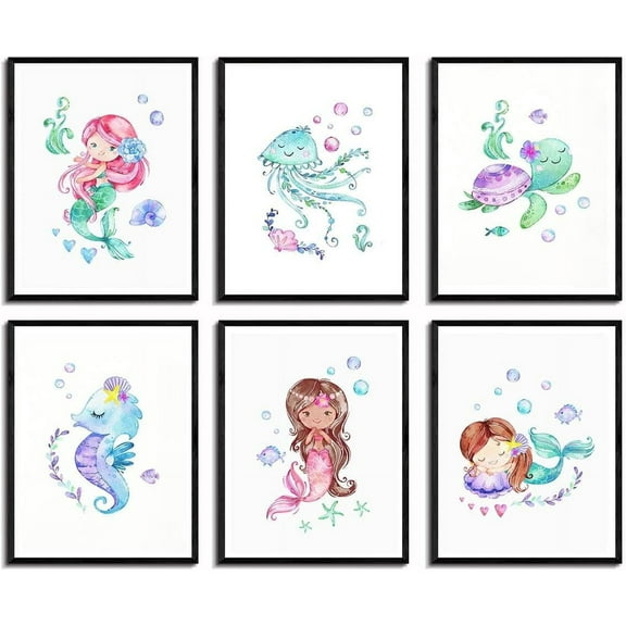 Mermaid Poster Ocean themed Watercolor Prints Wall Art Decor Canvas Art nautical HD Print Painting Room Aesthetics Decor 8X10 inch Set of 6 Unframed