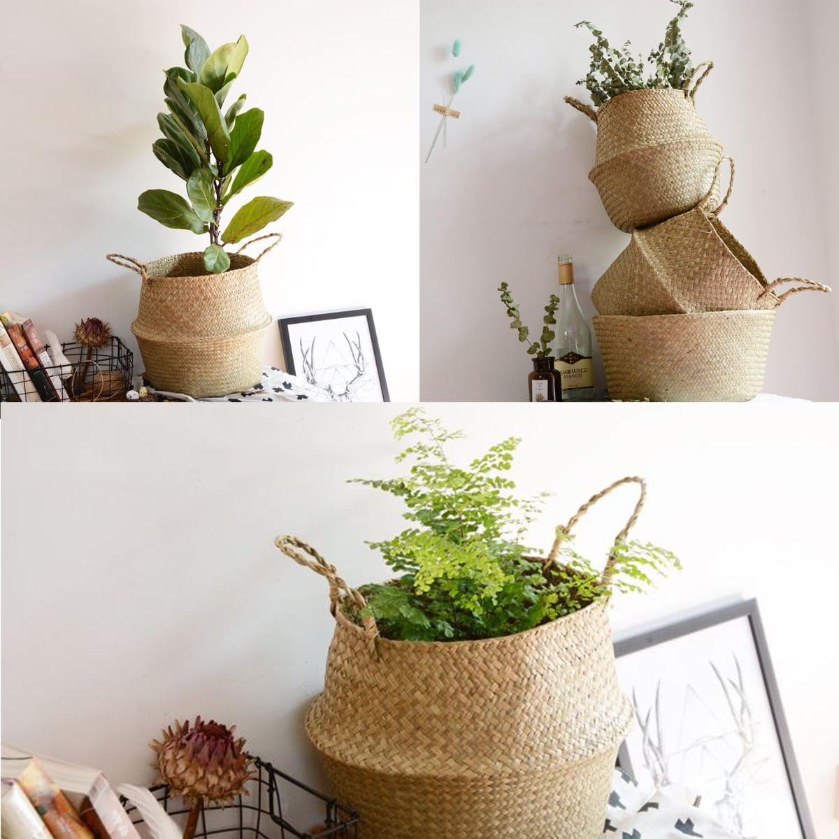 38x34cm Seagrass Belly Basket Flower Plant Pot Laundry Storage Bag Home Decor