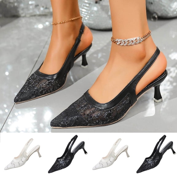 Women Shoes Slingback Pumps for Women Wide Width Breathable Mesh Glitter Sequin Pointed Closed Toe Thin Stiletto High Heel Slip On Dress Shoes Women Shoes Casual Dress Black Heels Wedding Party