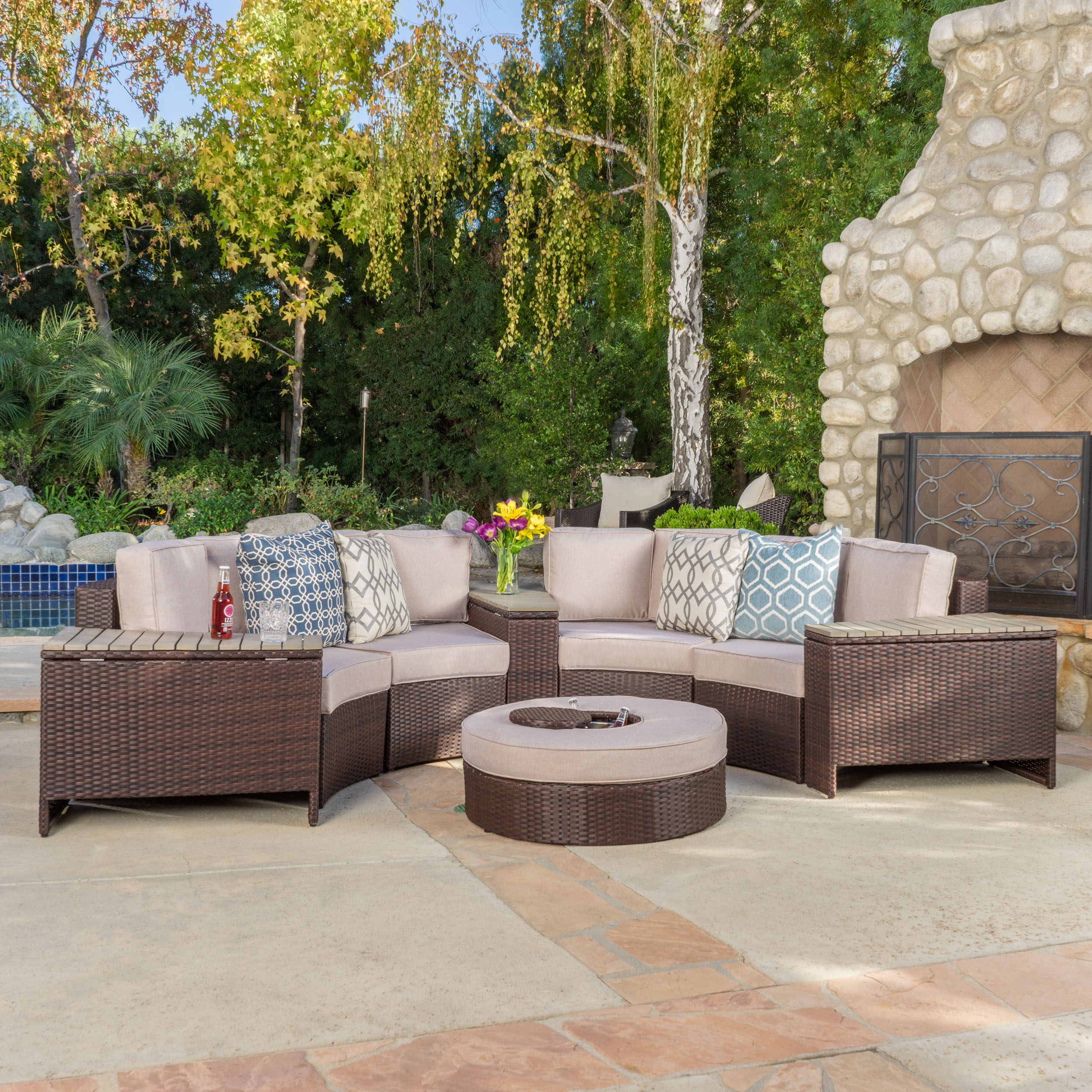 GDF Studio Bankston Outdoor Wicker Half Round 4 Seater Sectional Set with Ice Bucket Ottoman, Textured Beige and Brown - image 2 of 13