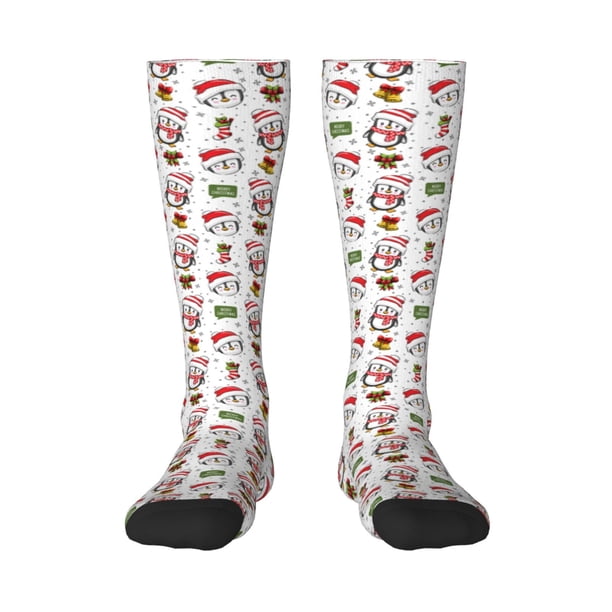 Fotbe Cute Christmas Hat Penguin A Calcetas Divertidas Estampadas para Hombre y Mujer, Calcetas de Algodón hasta la Rodilla para Caminar, Correr, Enfermería y Embarazo