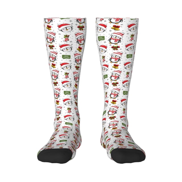 Fotbe Cute Christmas Hat Penguin A Calcetas Divertidas Estampadas para Hombre y Mujer, Calcetas de Algodón hasta la Rodilla para Caminar, Correr, Enfermería y Embarazo